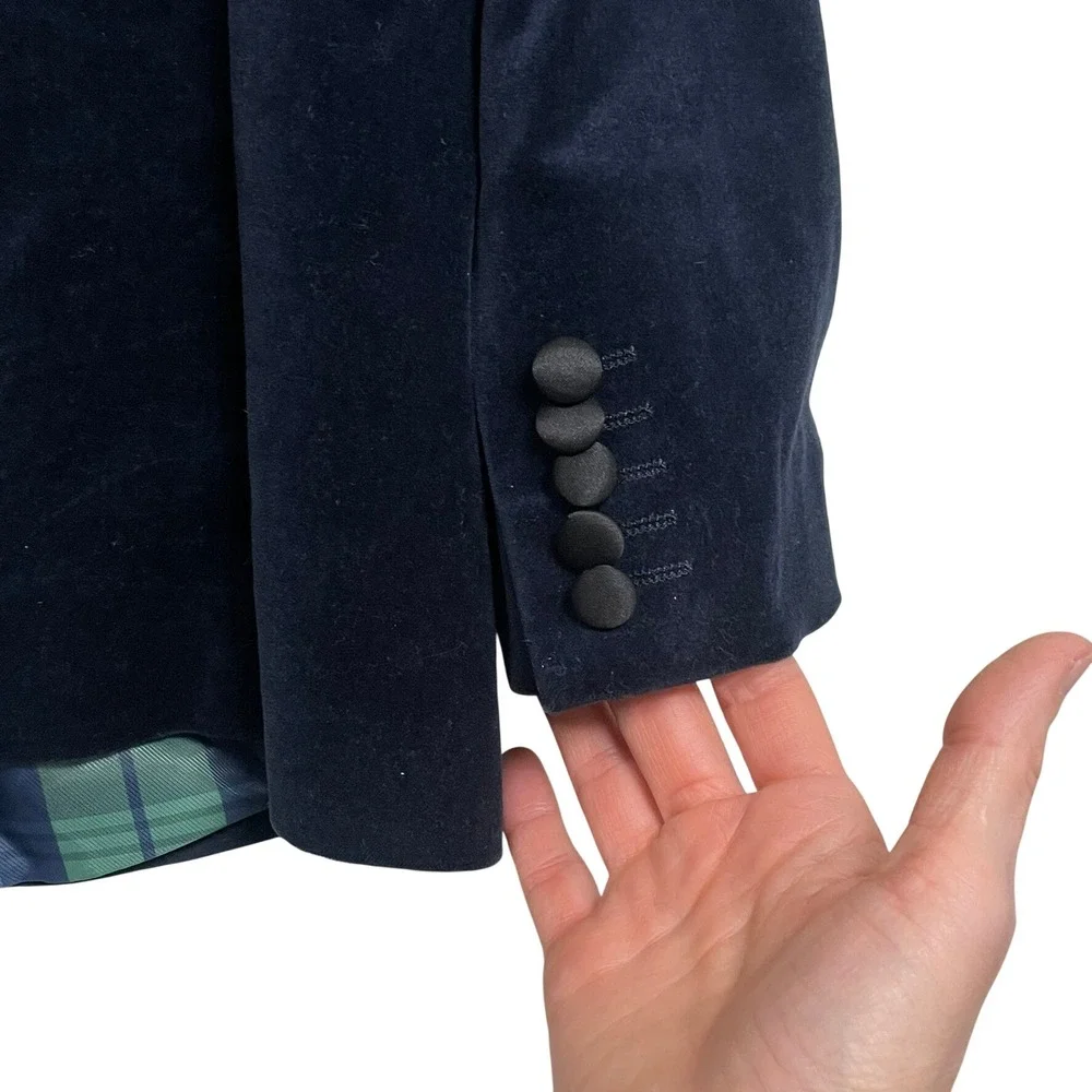 Express‎ Slim 40L Navy Velvet Tuxedo Blazer Satin Lapel Plaid Lining